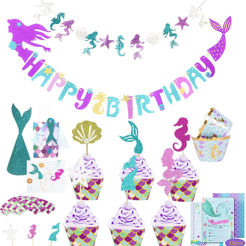 Décoration d'anniversaire sur le thème de la sirène, fournitures de fête pour enfants, cartes de gâteaux et desserts