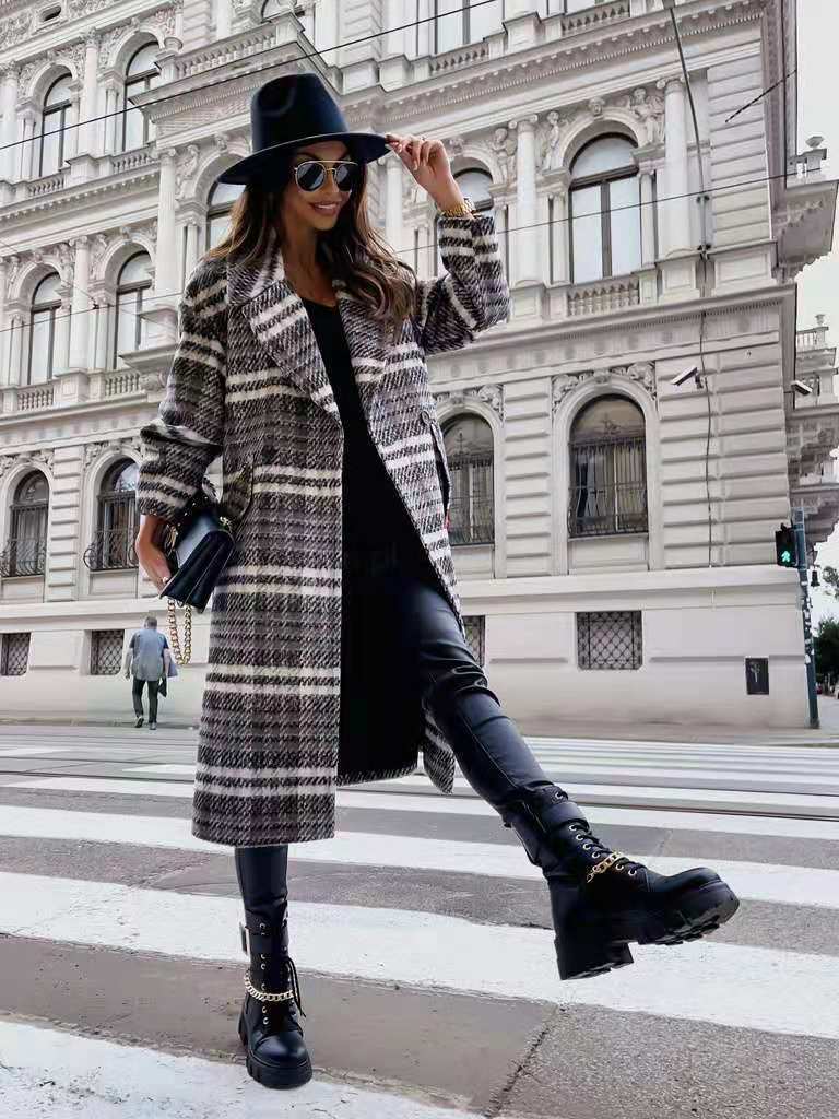 Checked Mid-Length Coat Lapel Tie Wool Coat