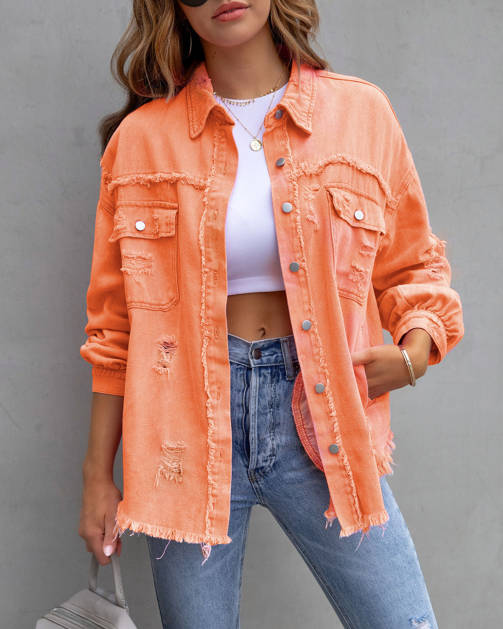 Veste chemise déchirée à la mode pour femme, hauts décontractés d'automne et de printemps, vêtements pour femmes