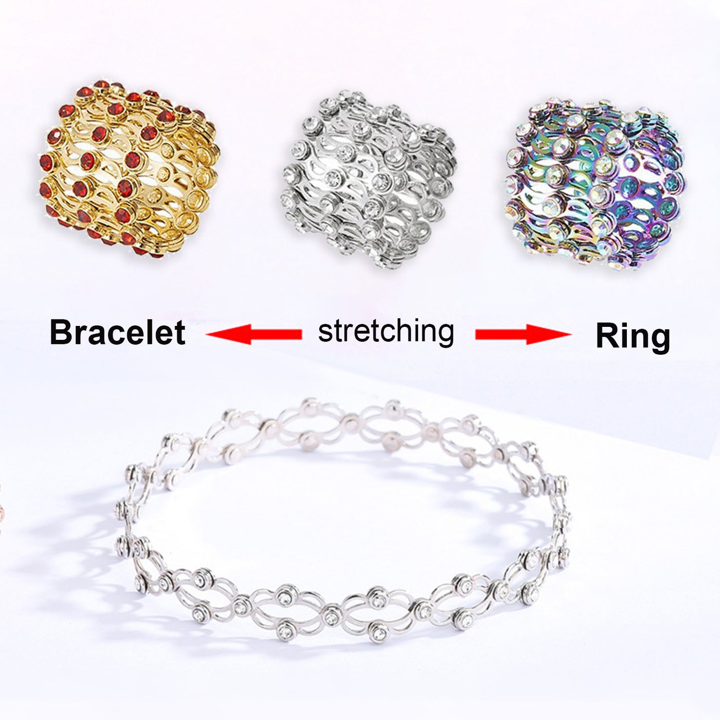 2 i 1 vikbara infällbara ringar armband magiska strass ringar deformerbara armband kvinnor i stil justerbara modesmycken