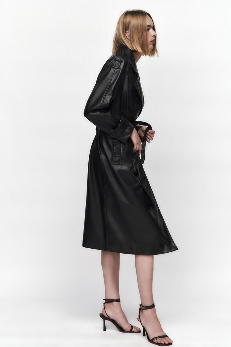 Women's Clothing Autumn Long Sleeve Slim Fit With Belt Imitation Leather Trench Coat