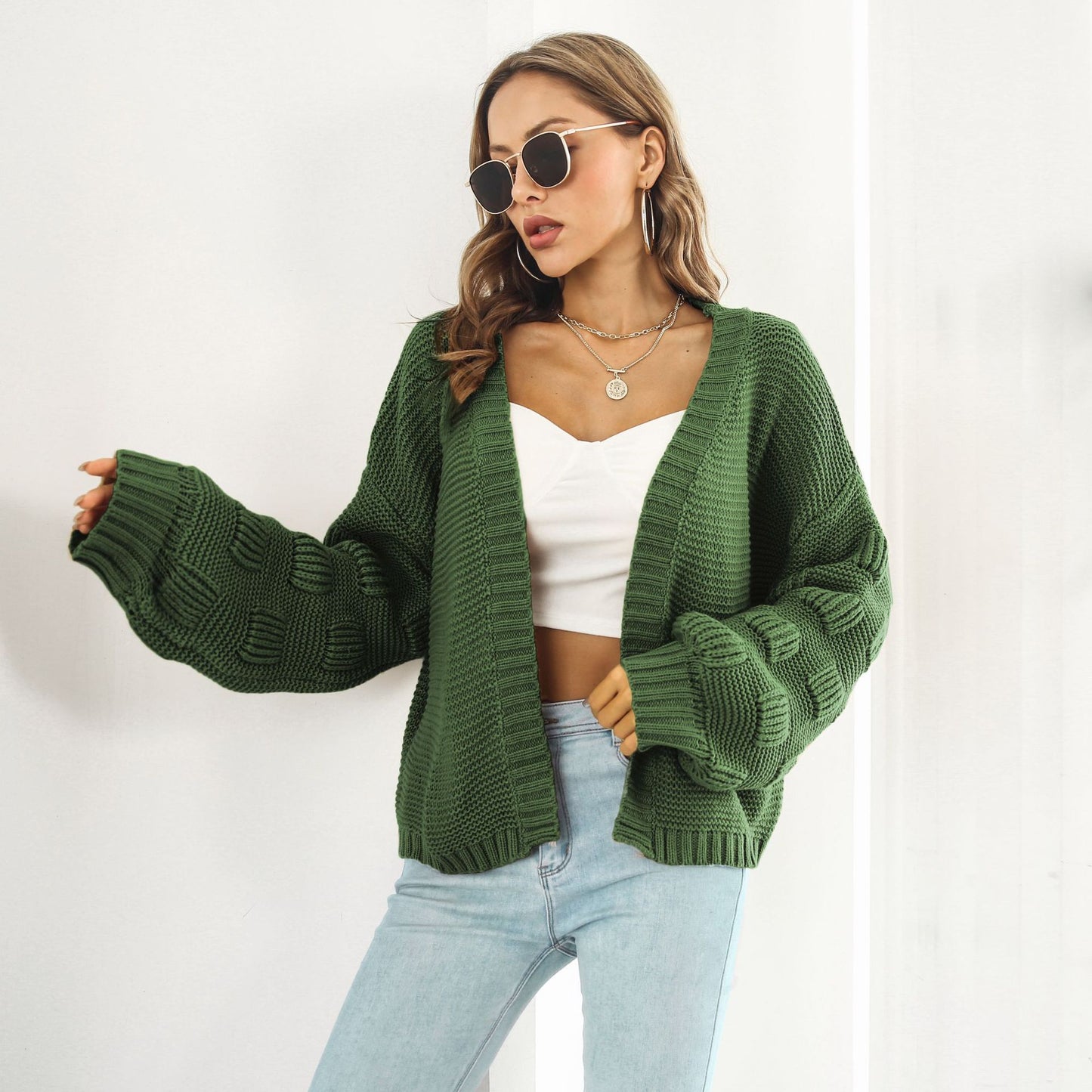 Puffärm Cardigan Sweater Damkläder Front Chunky Knitwear Coat