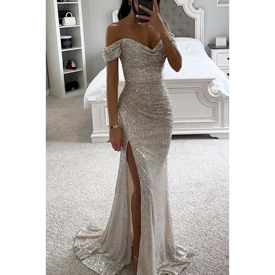 Robe fendue à paillettes, col rond, tenue de soirée décontractée, à la mode, pour femmes