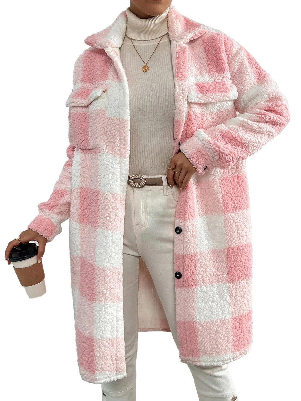 Manteau à carreaux en peluche à revers boutonné, ample