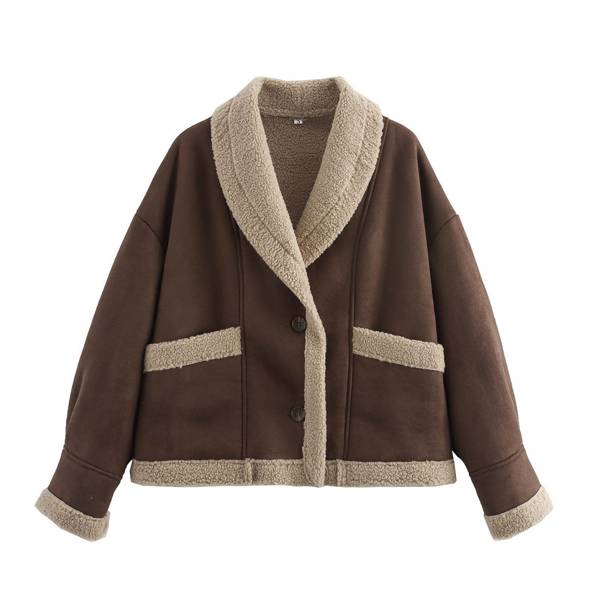 Lapel Woolen Coat With Pockets - Winter Fashion Loose Suede Short Top Women's Clothing