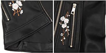 Giolshon Autumn Flowers Embroidery PU Leather Jacket Women - Intricate Floral Design Back Embroidery