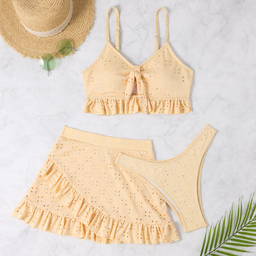 Professional 3-Piece Beach Bikini with Hip-Hugging Skirt - Polyester Ruffle Design (Summer Swimsuit Set)