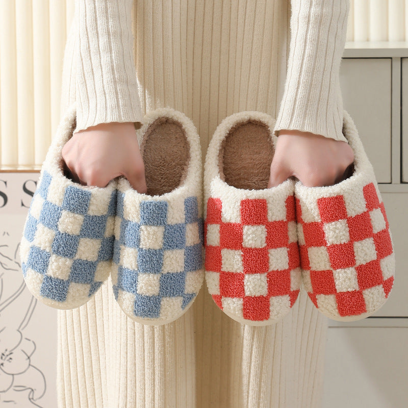 Pantoufles imprimées damier, chaussures de maison d'hiver pour hommes et femmes, pantoufles chaudes en coton pour Couple