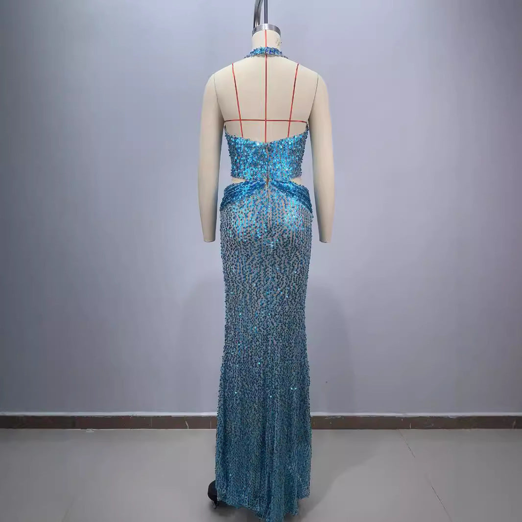 Halter Deep V-Neck Sequin Evening Dress - Sky Blue Hollow Mesh - Company Annual Meeting Host Dress