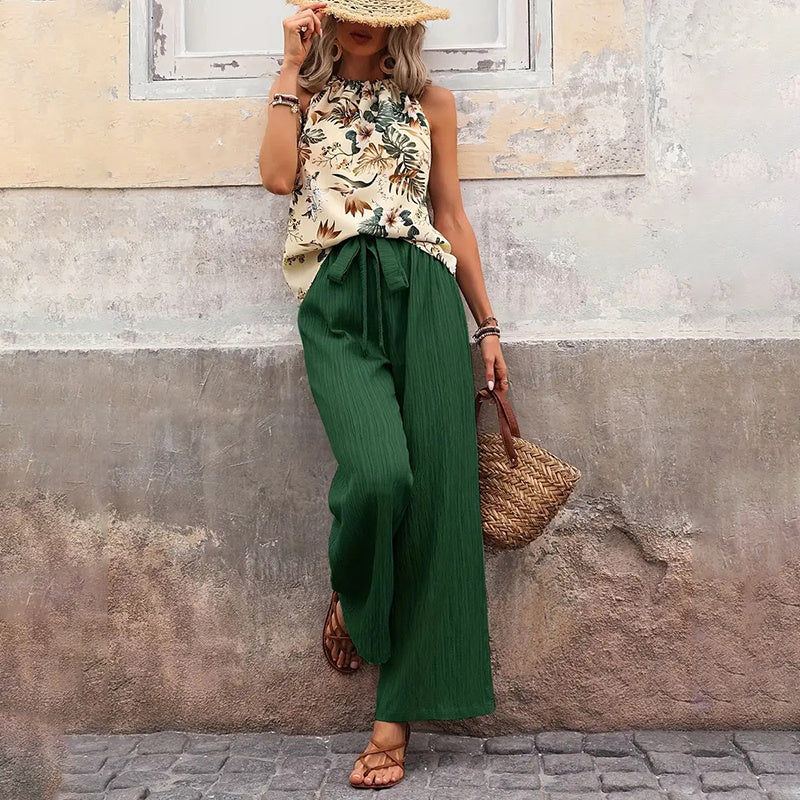 Damkläder med två delar, sommar, casual, ärmlös, halterneck, crop tops, vida ben, set med byxor