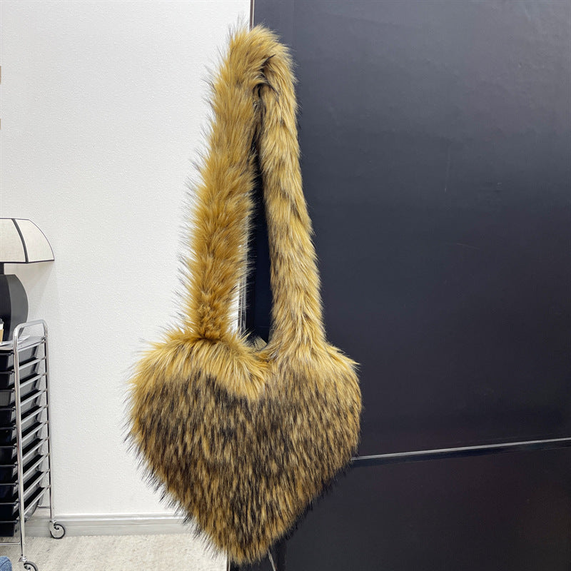 Sacs à bandoulière en polaire d'hiver pour femmes, sac à bandoulière en forme de cœur en peluche, sac d'amour de grande capacité