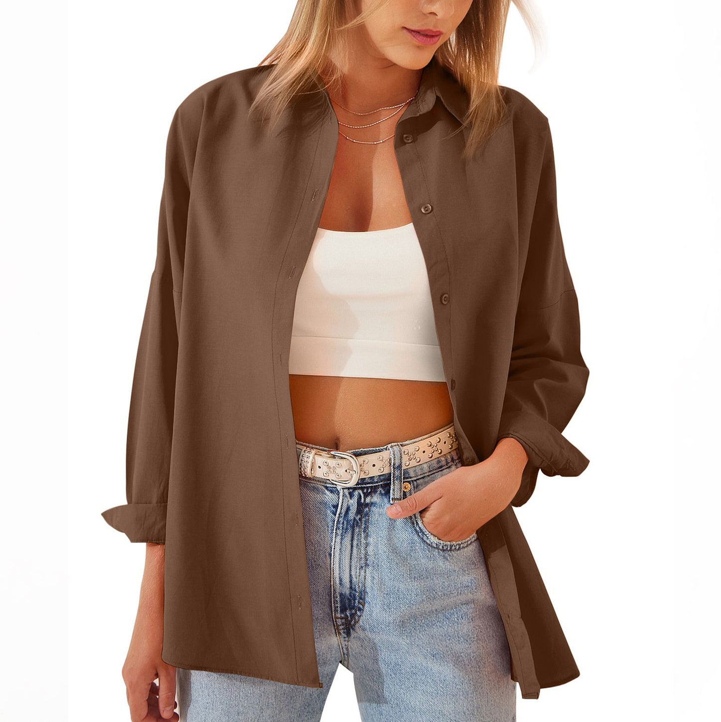 Veste chemise pour femme, chemisier à manches longues, hauts boutonnés, chemise couleur bonbon