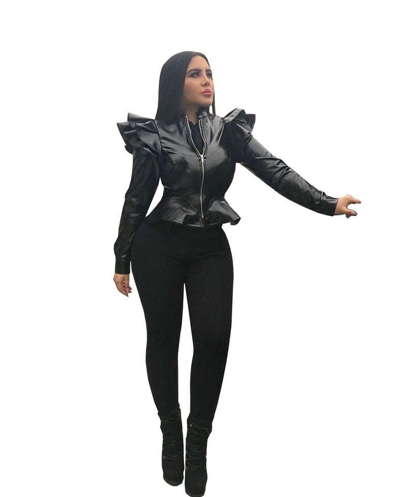 Leather Casual Women's Ruffled Leather Jacket - Black Color Classification Ruffle Edge Decoration Female