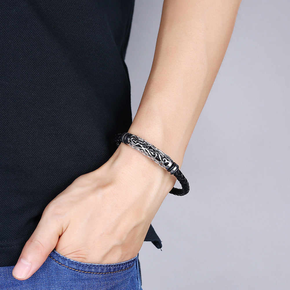 Punk läderarmband i rostfritt stål