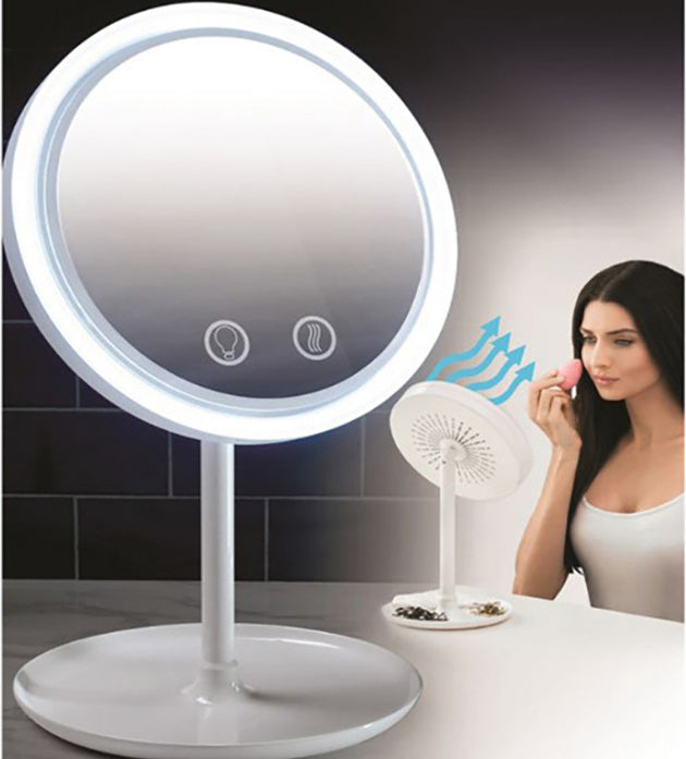 Fan LED Light Makeup Mirror - Portable Beauty Mirror with Fan