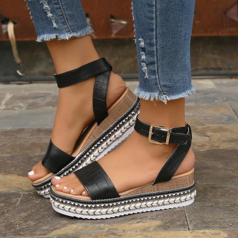 Sommar Sandaler Spänne Rem Hampa Kilar Plattform Peep Toe Skor Dam