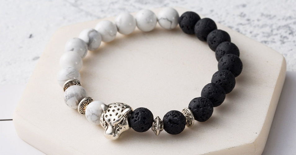 8mm Natursten Lavasten Pärlarmband För Män Leopardhuvud Leopardhänge Charm Armband Handgjorda Smycken
