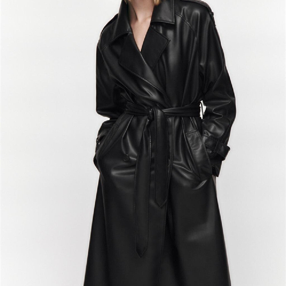 Women's Clothing Autumn Long Sleeve Slim Fit With Belt Imitation Leather Trench Coat