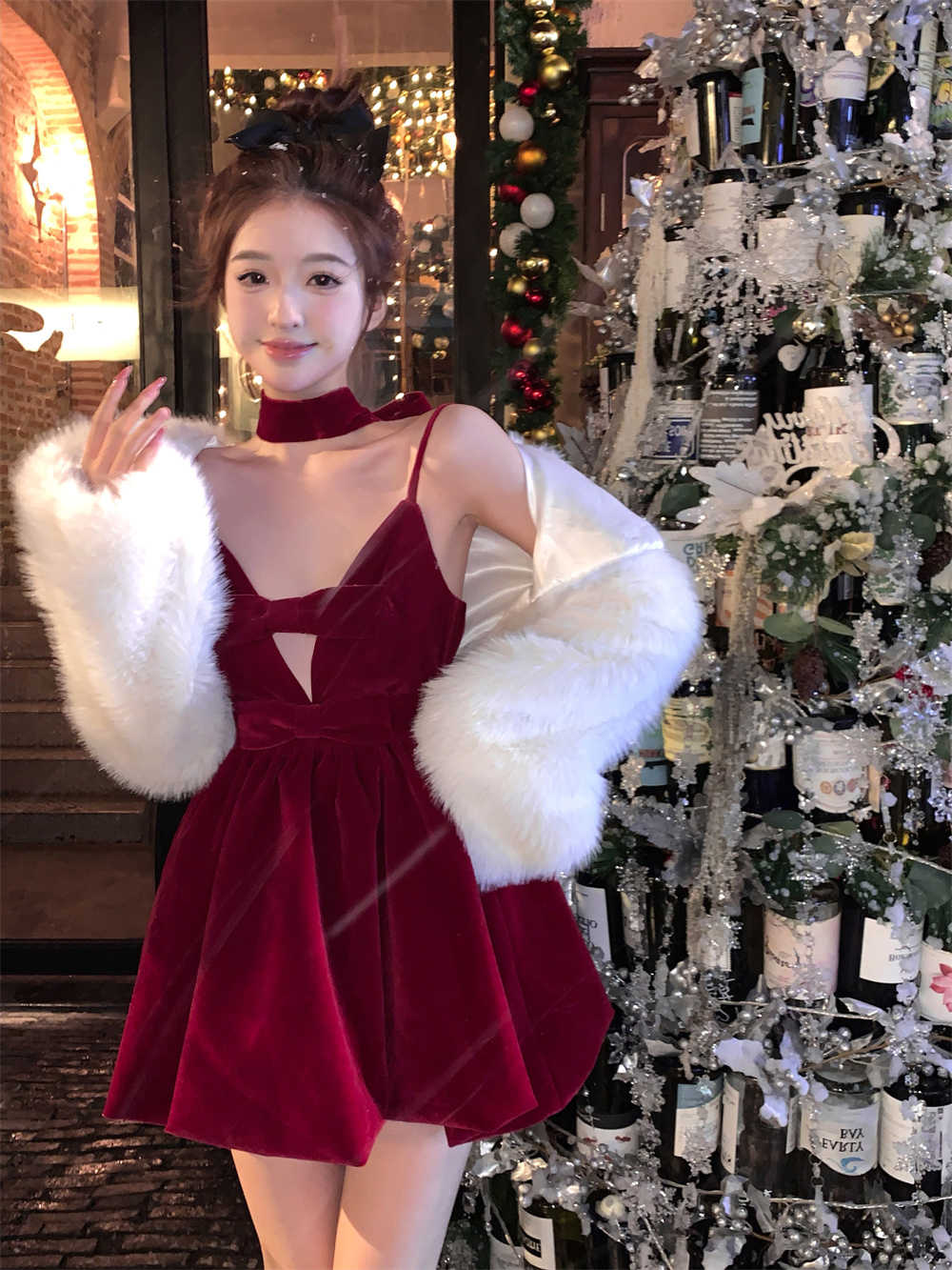 New Year Red Velvet Dress Female Birthday Suspenders Puff Princess Dress