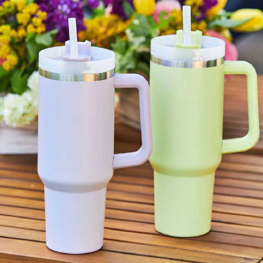 Alla hjärtans dag present termisk mugg 40 oz halm kaffe isoleringskopp med handtag Bärbar bil rostfritt stål vattenflaska stor kapacitet Resa BPA fri termisk mugg