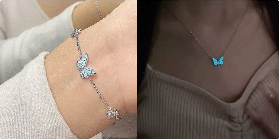 Moderiktigt blått lysande fjärilshalsband armbandsset för kvinnor med nyckelbenskedja, choker, festsmyckeset, present