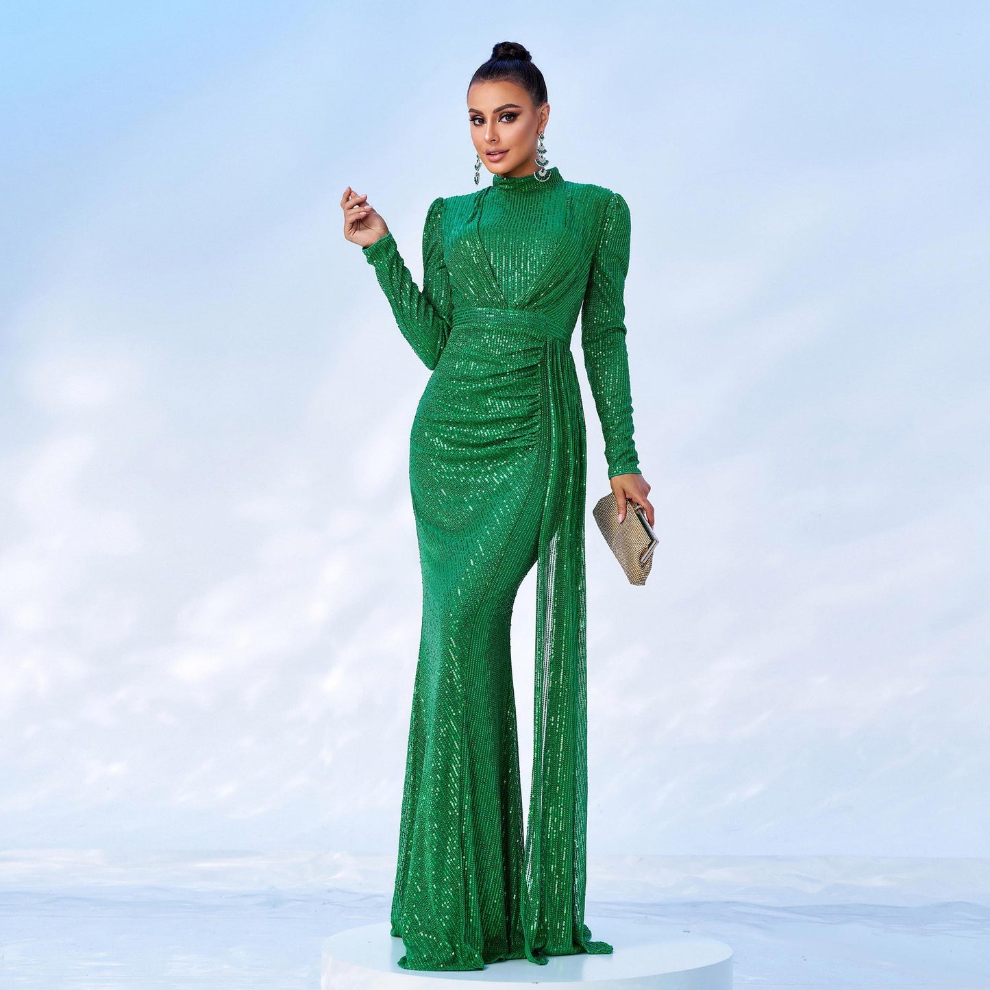 Long Sleeve Round Neck Sequined Banquet Dress - Hip Skirt Temperament Commute - Premium Polyester
