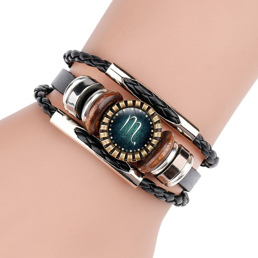 Flerskikts Läderarmband 12 Konstellationer Stjärntecken Herr Flätade Armband