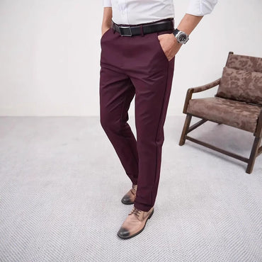 Men's Slim Fit Business Pure Color Casual Tappered Straight-leg Trousers