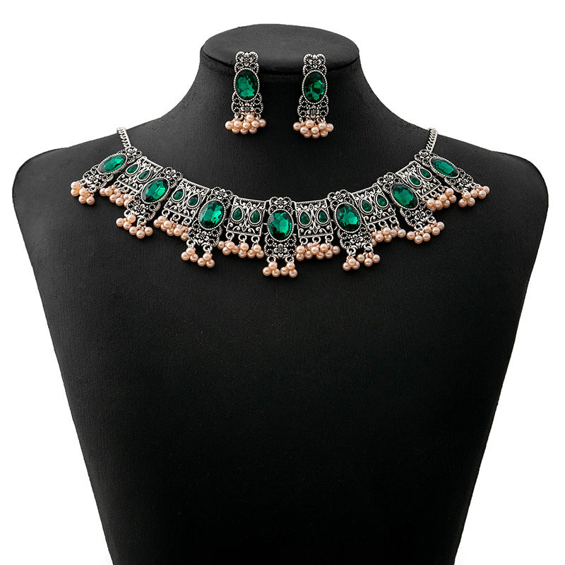 Vintage Emerald Earrings - Ethnic Style Square Tassel Bead Pendant Jewelry Suit