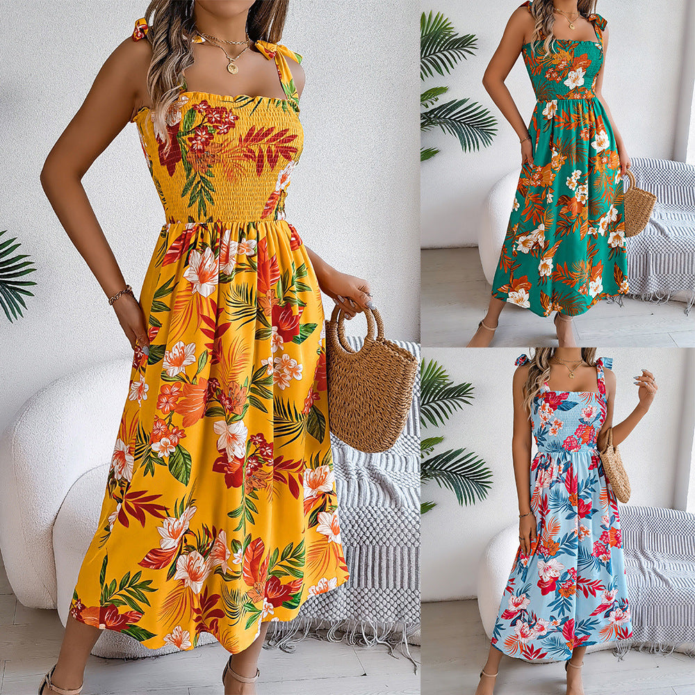 Floral Print Suspender Corset Dress - Instagram Fashion Holiday Beach Long Dress - Summer Women's Clothing - High Waist Sleeveless