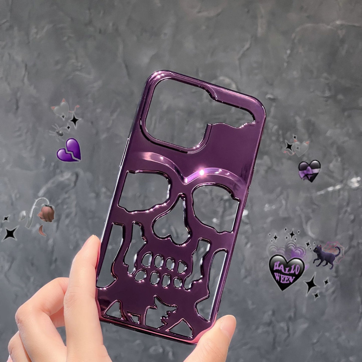 Lyxigt pläterat 3D-dödskalletelefonskal för iPhone 14 Pro Max 13 12 11 Plus Andningsbart Glansigt Ihåligt Guld Metallic Färg