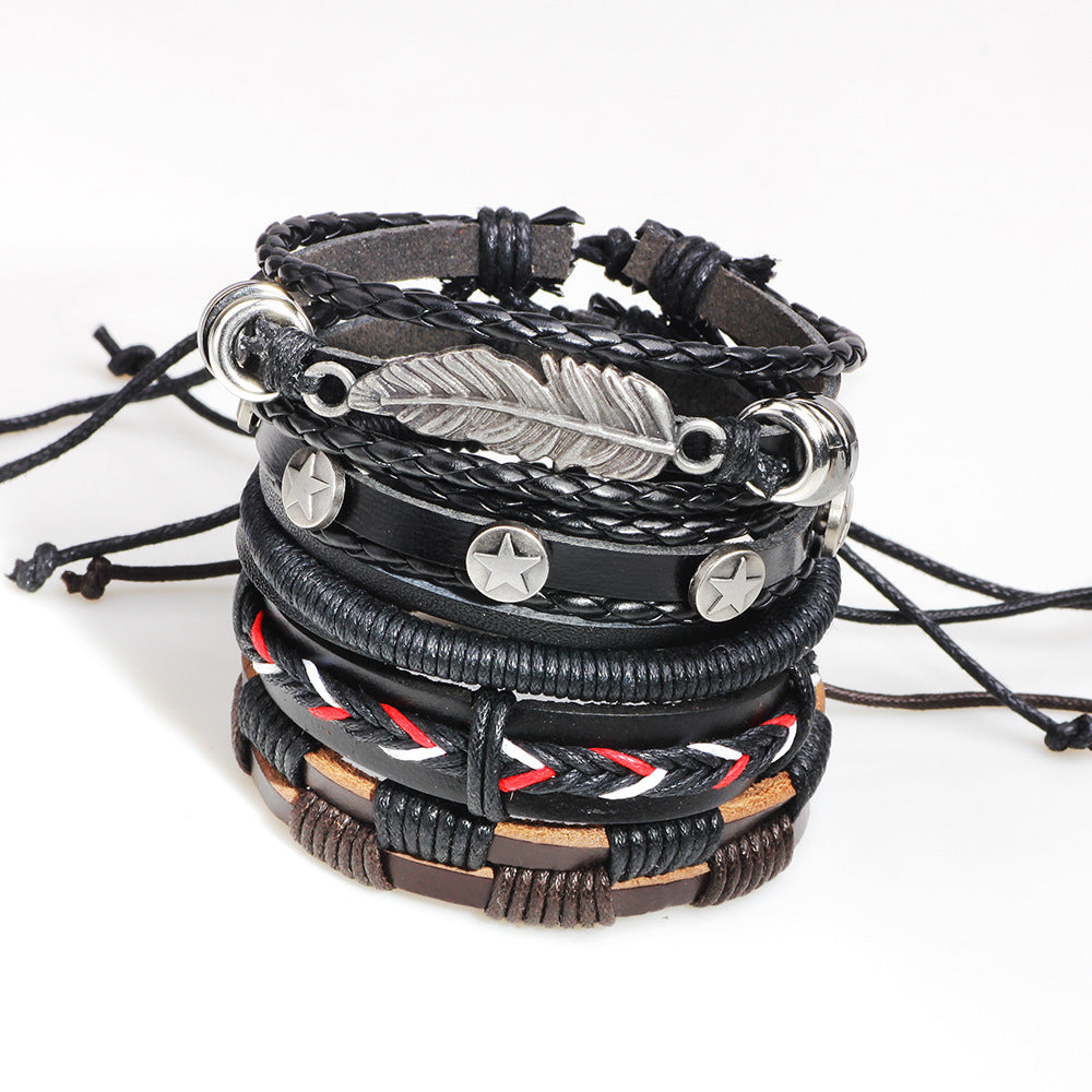 flerskiktad ark vintage läderarmband av män av mode hantverk stjärnrep tvinnat Wrap Armband & armband