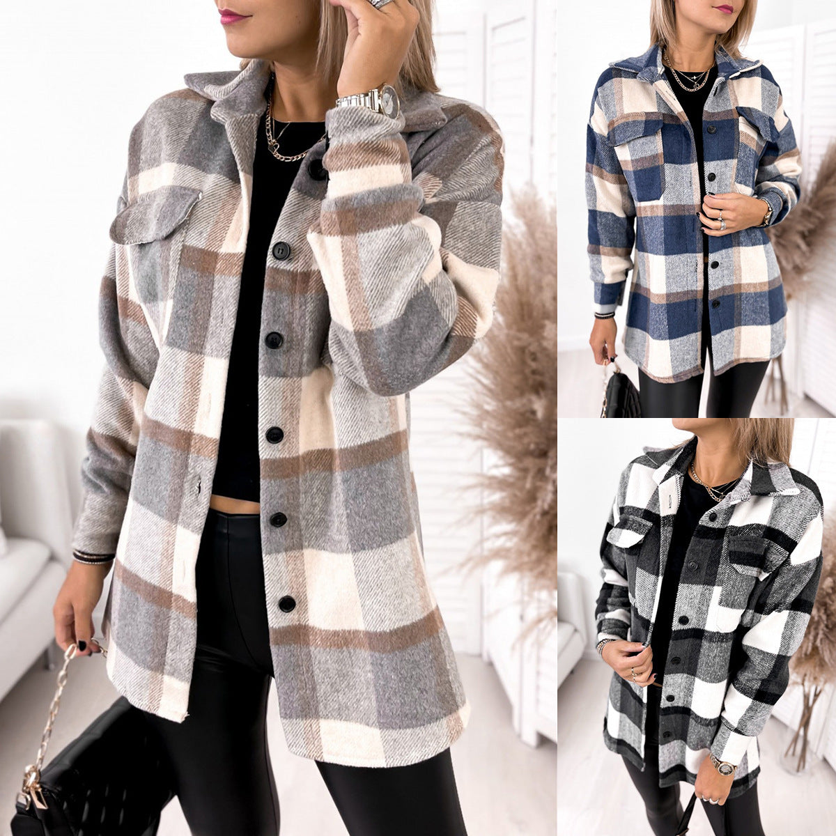 Veste en laine à col chemise et imprimé écossais à manches longues et simple boutonnage