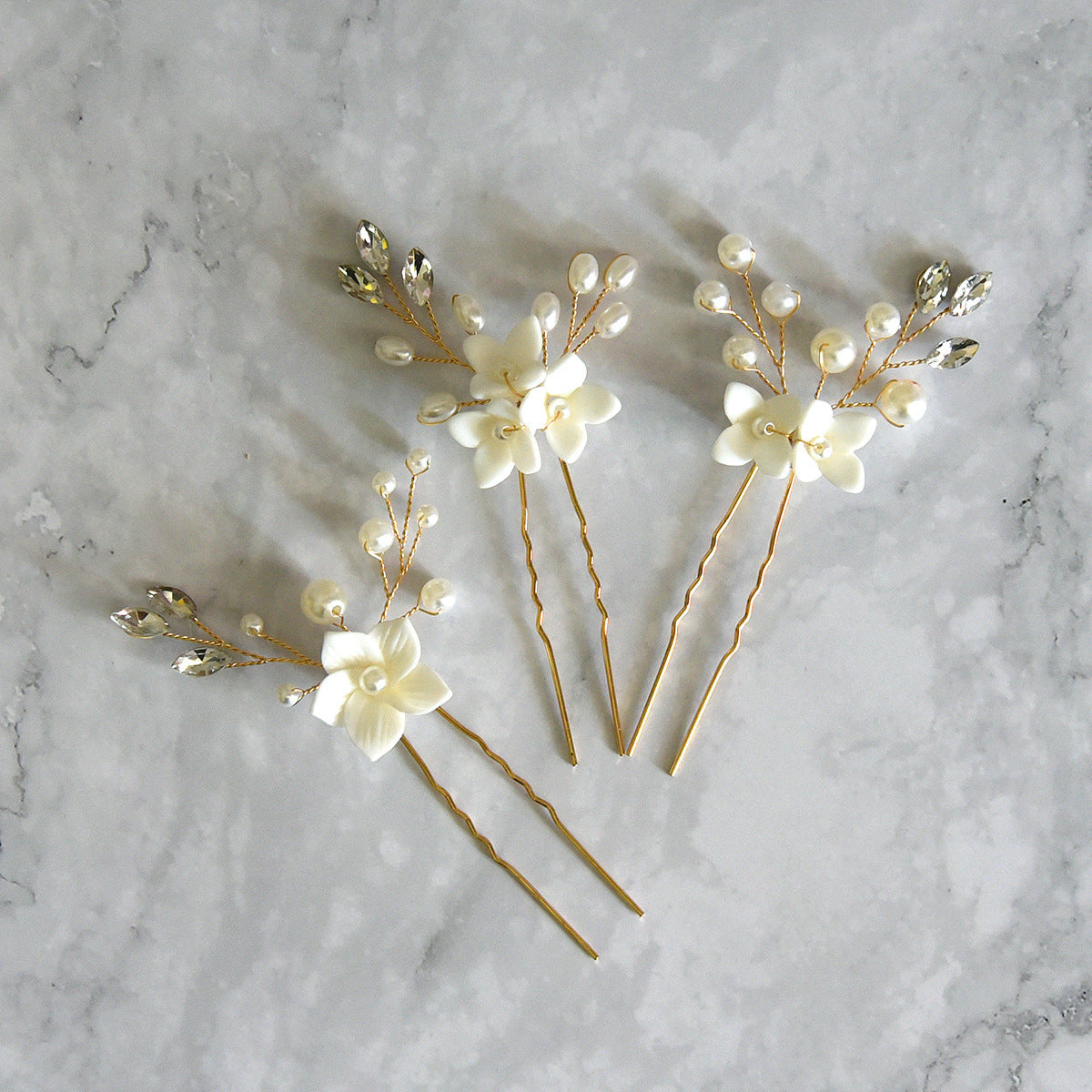 White Flower U Shaped Hairpins - 3 Sets