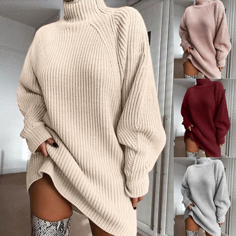 Robe pull longue à col roulé pour femme, couleur unie, chaude, hiver