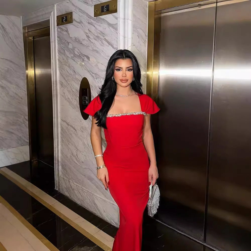 Luxury Solid Color Diamond Evening Dress