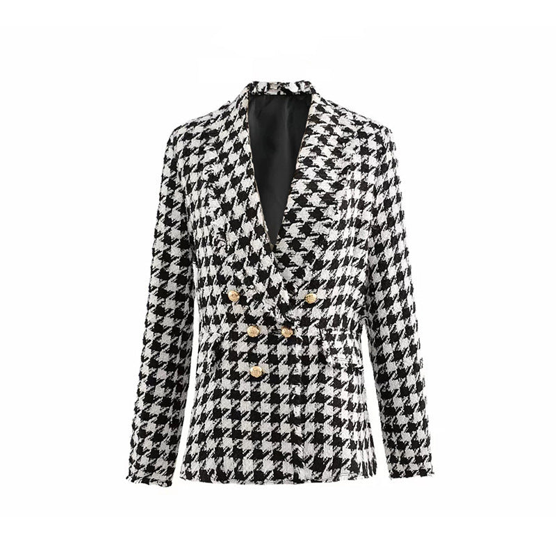 Veste pied-de-poule femme automne rétro veste à carreaux épais