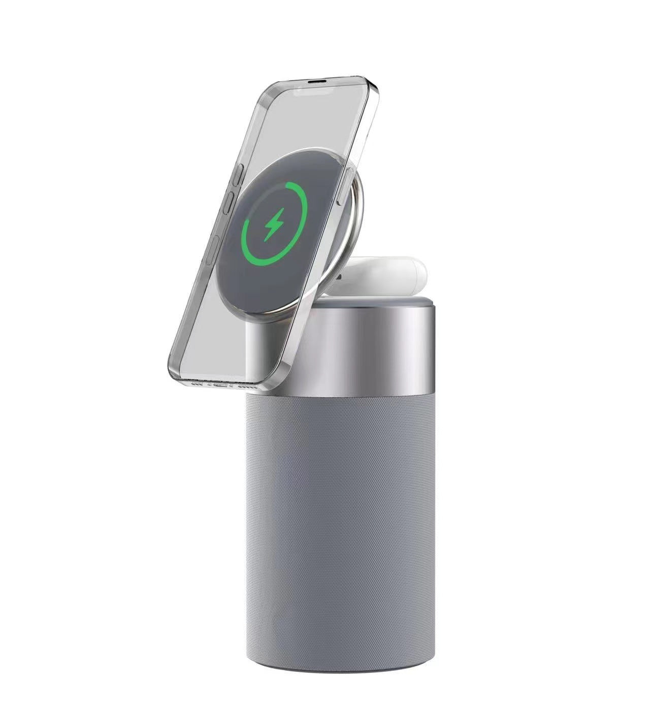 3-i-1 multifunktionell iPhone och AirPods trådlös laddare bärbar Bluetooth-högtalare med pekskärm för hem och kontor