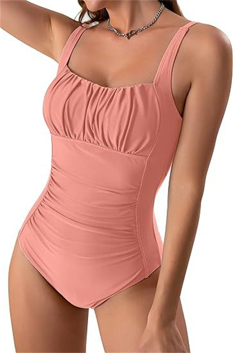 Sexig fyrkantig halsringning i ett stycke sommar ny enfärgad plisserad design baddräkt strandsemester damkläder