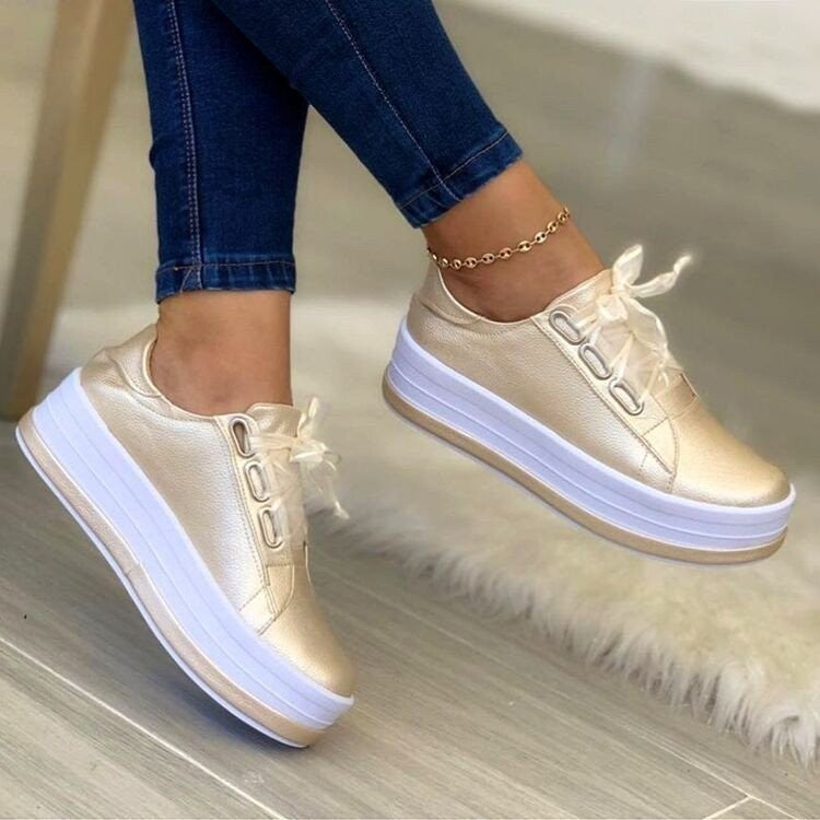 Women's Ribbon Lace-Up Platform Flat Sneakers