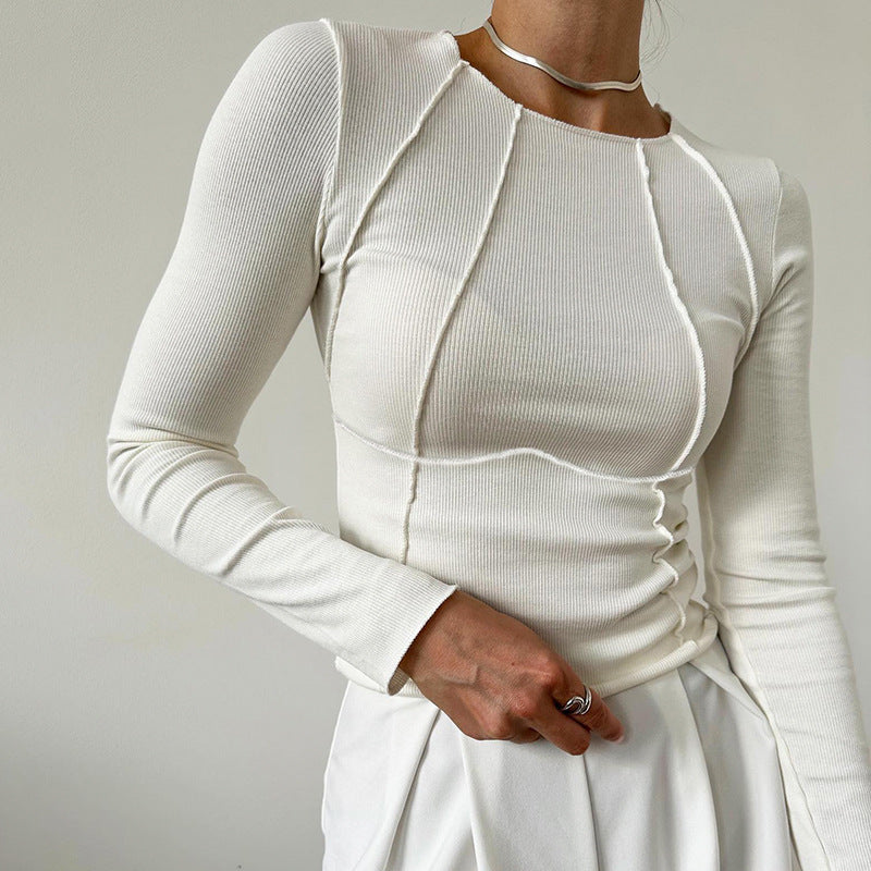 Elegant Long Sleeve T-shirt - Solid Color, Split Thread Knitted Top for Women