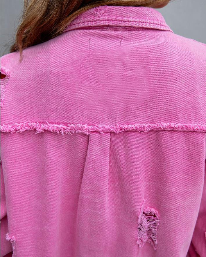 Veste en jean légère effilochée surdimensionnée pour femme, boutonnée, déchirée, en détresse