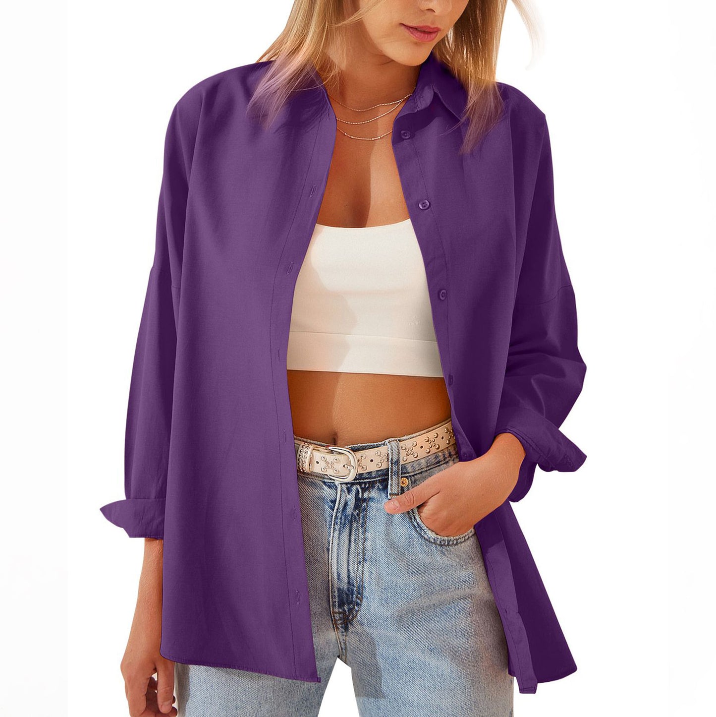 Veste chemise pour femme, chemisier à manches longues, hauts boutonnés, chemise couleur bonbon