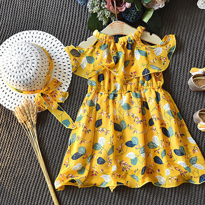 Robe pour enfants filles feuille en mousseline de soie sans manches vacances bohème