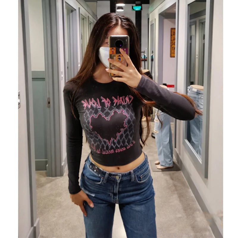 Vintage tryckt ärtgrön botten långärmad t-shirt för kvinnor