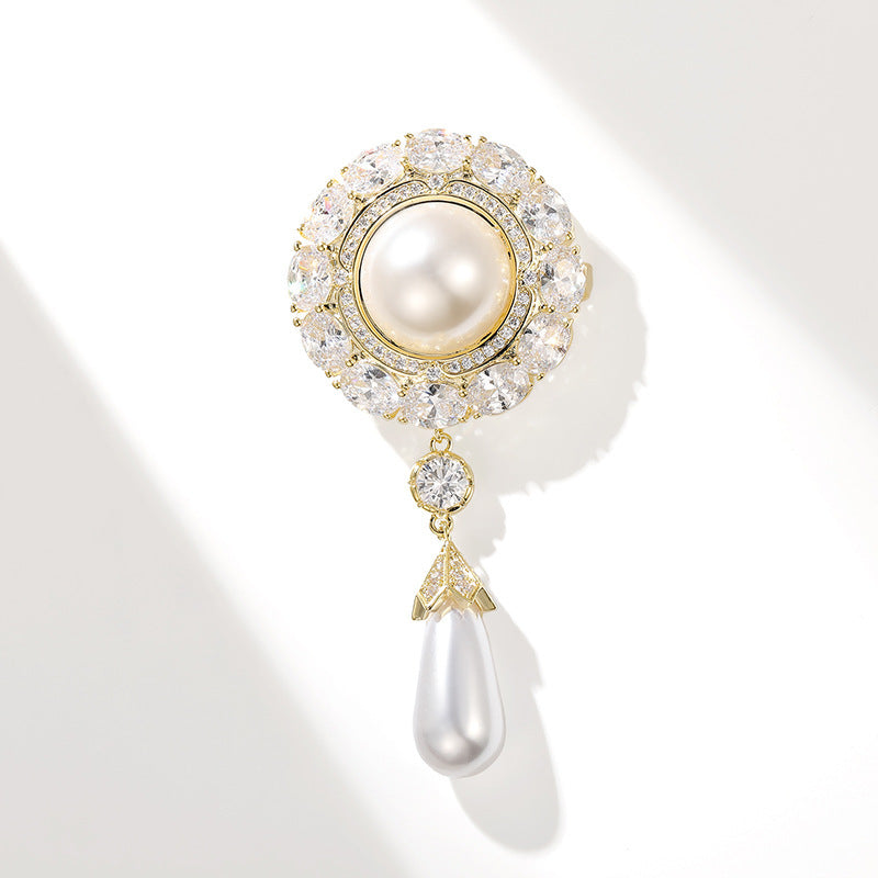 High-end Palace Style Zirkon Brosch Rund Vattendroppe Shell Pärlor Temperament Kläder Tillbehör Pin
