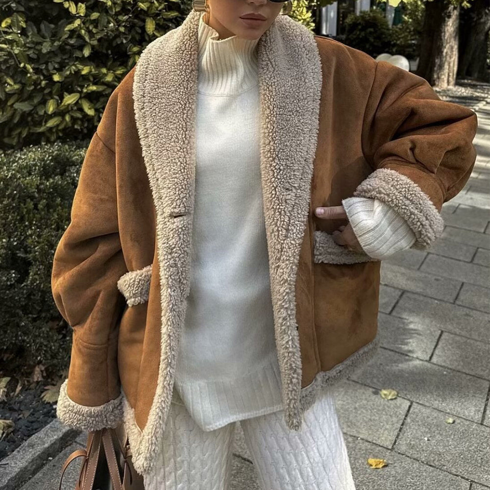 Lapel Woolen Coat With Pockets - Winter Fashion Loose Suede Short Top Women's Clothing