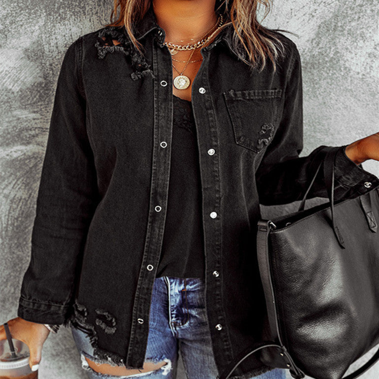 Black Ripped Shirt Denim Long Sleeve Coat Jacket Women - Trendy Comfortable High-Quality Flattering Stylish Edgy