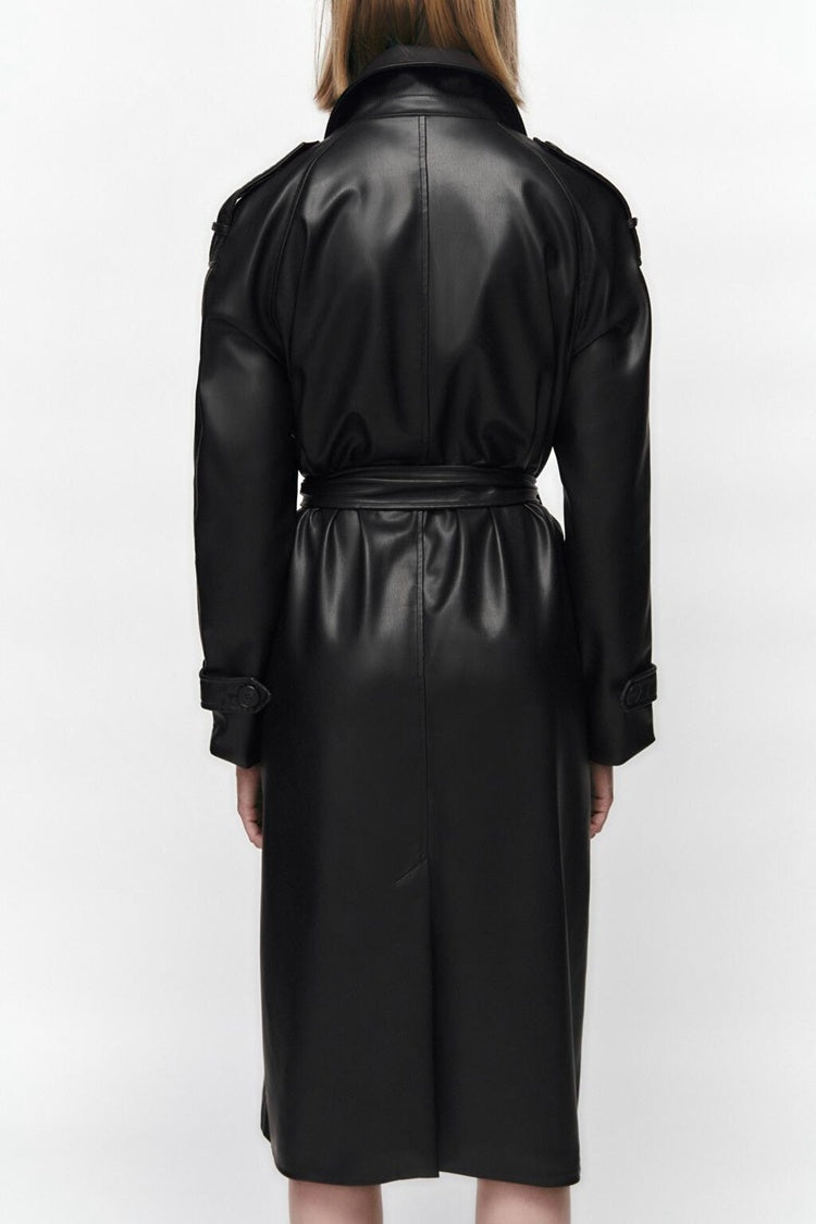 Women's Clothing Autumn Long Sleeve Slim Fit With Belt Imitation Leather Trench Coat