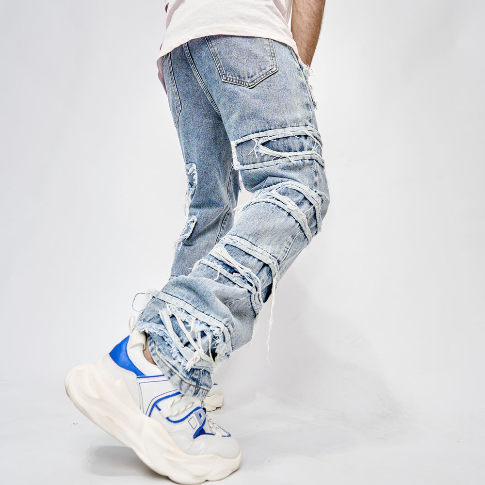 Herrbyxor, långa byxor, lappade, raka, herrjeans med hiphop-mönster